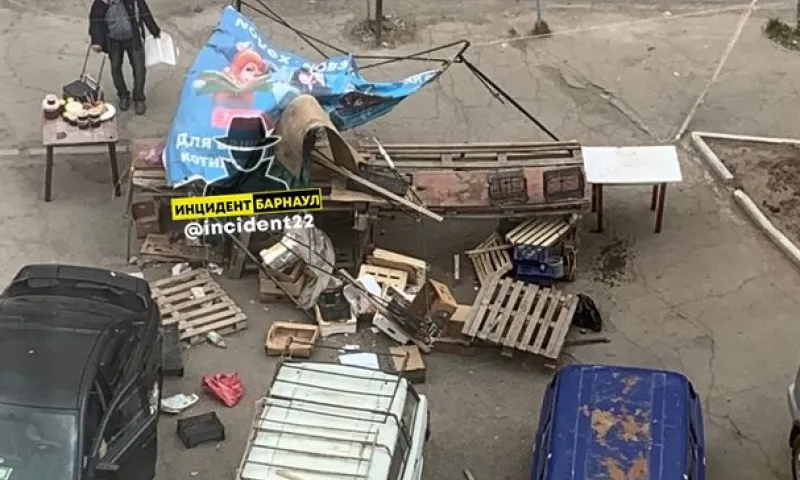 Палатки на рынке повалило от ветра в Барнауле